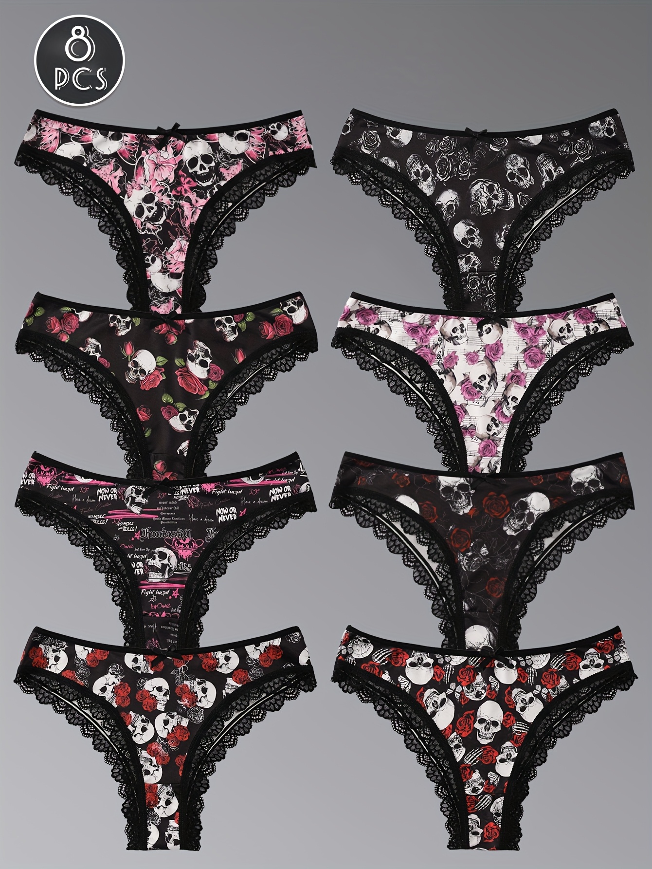 Set of 8 Women'S Panties Featuring a Rose Skull Print And Decorative Details, C…