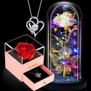 Enchanting 2pcs Gift Set for Her - Light-Up Preserved Rose in Glass & Heart Necklace, Perfect for Mom, Wife, Sister, Grandma on Mother's Day, Birthday, Christmas, Valentine'sChristmas