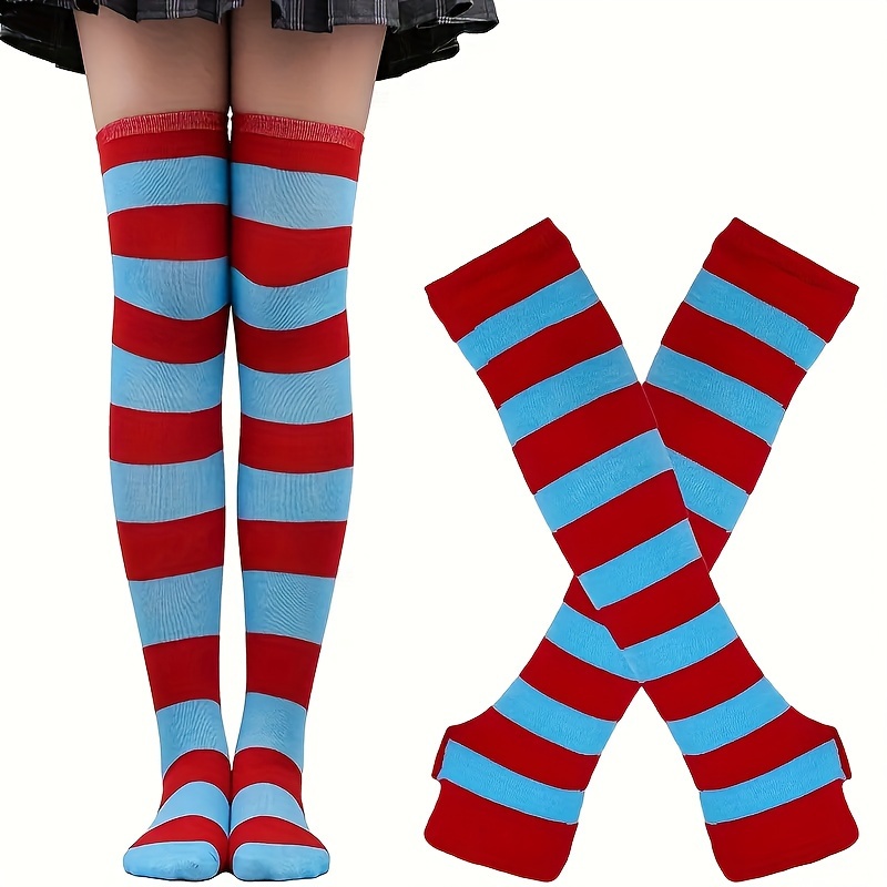 Striped Knee-High Socks with Knit Sleeves and Fingerless Gloves | Polyester and Polyamide, Ideal for Vacation and Party Outfits, Hand Wash Only, For Teenager - Image 8