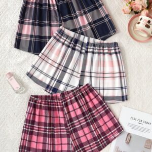 [Elegant 3-Piece Pajama Set] Women's Elegant Three-Piece Pajama Set | Minimalist Plaid, Comfortable Loose Fit, Bow-Adorned Elastic Waist Shorts, Cozy Sleepwear Lounge Outfit