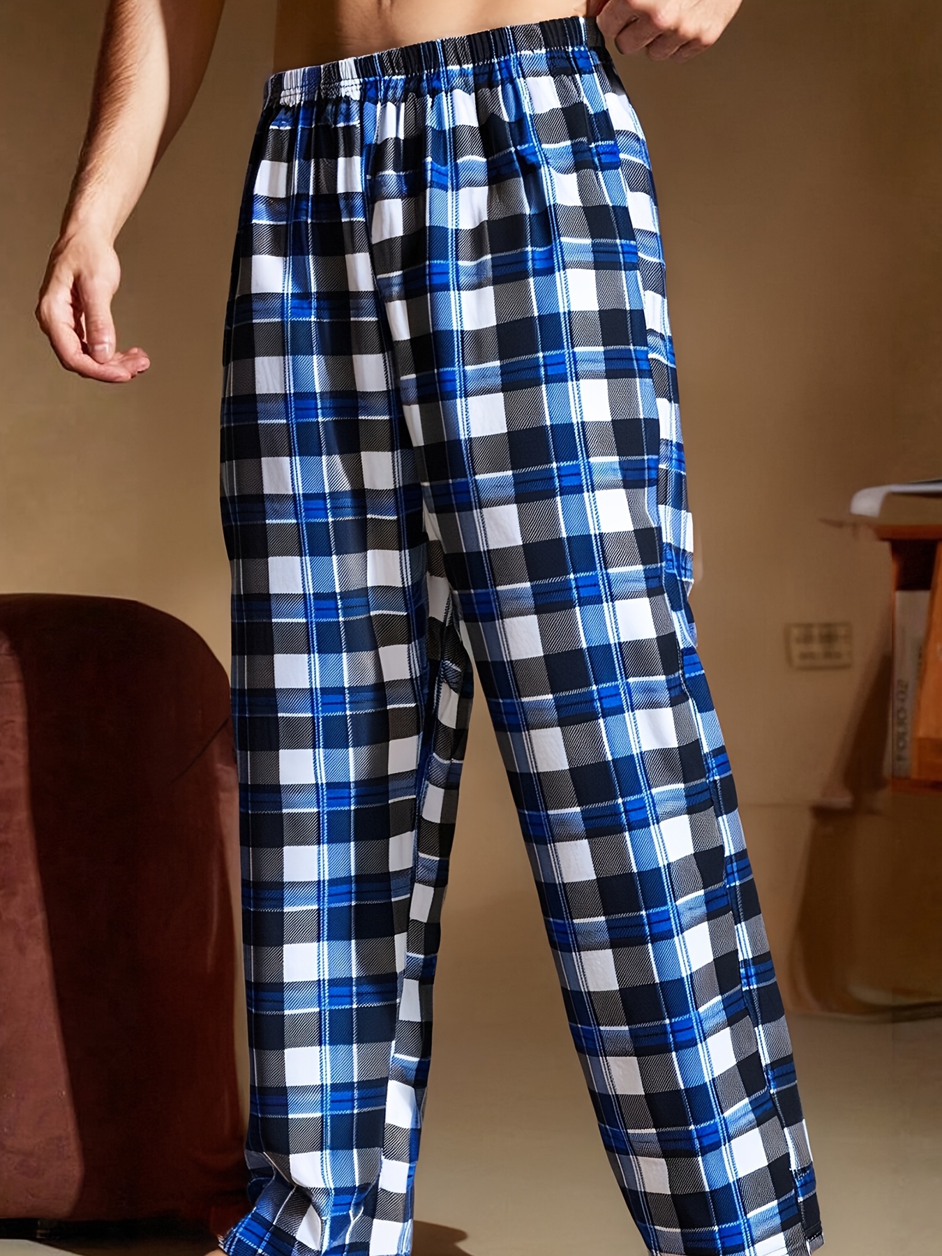 4pcs Set of Spring and Summer Four Plaid Long Sleeping Pants for Men, Comfortable and Lightweight, Loose Fit Can Be Worn Outdoors, Four Combination Packs of Elastic Waist Home Pants, Soft Pants - Image 2