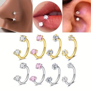 4pcs of Stylish And Minimalist Stainless Steel Circular Heart Star CZ Zirconia Horseshoe Nose Rings with Internal Thread Design, Suitable for Multiple Piercings, Perfect for Nasal Cartilage, Ear Screens, And Lips.