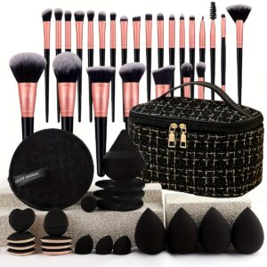 47pcs Professional Makeup Brush & Contour/Concealer Sponge Kit - Expandable Case with Retractable Brushes, Super Soft Nylon Bristles Suitable for Foundation, Powder, Highlight, Eyeshadow - Full-Size Travel-Friendly Beauty Set for Beginners & Pros