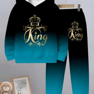 3D Print Hooded Sports Suit for Boys, Featuring The 3Dking Print. This Regular Sports Outfit Is Perfect for The Spring And Autumn Back-To-School Season, Designed for Children Aged 13 And Under, Including a Hoodie And Casual Pants Suitable for Outdoor