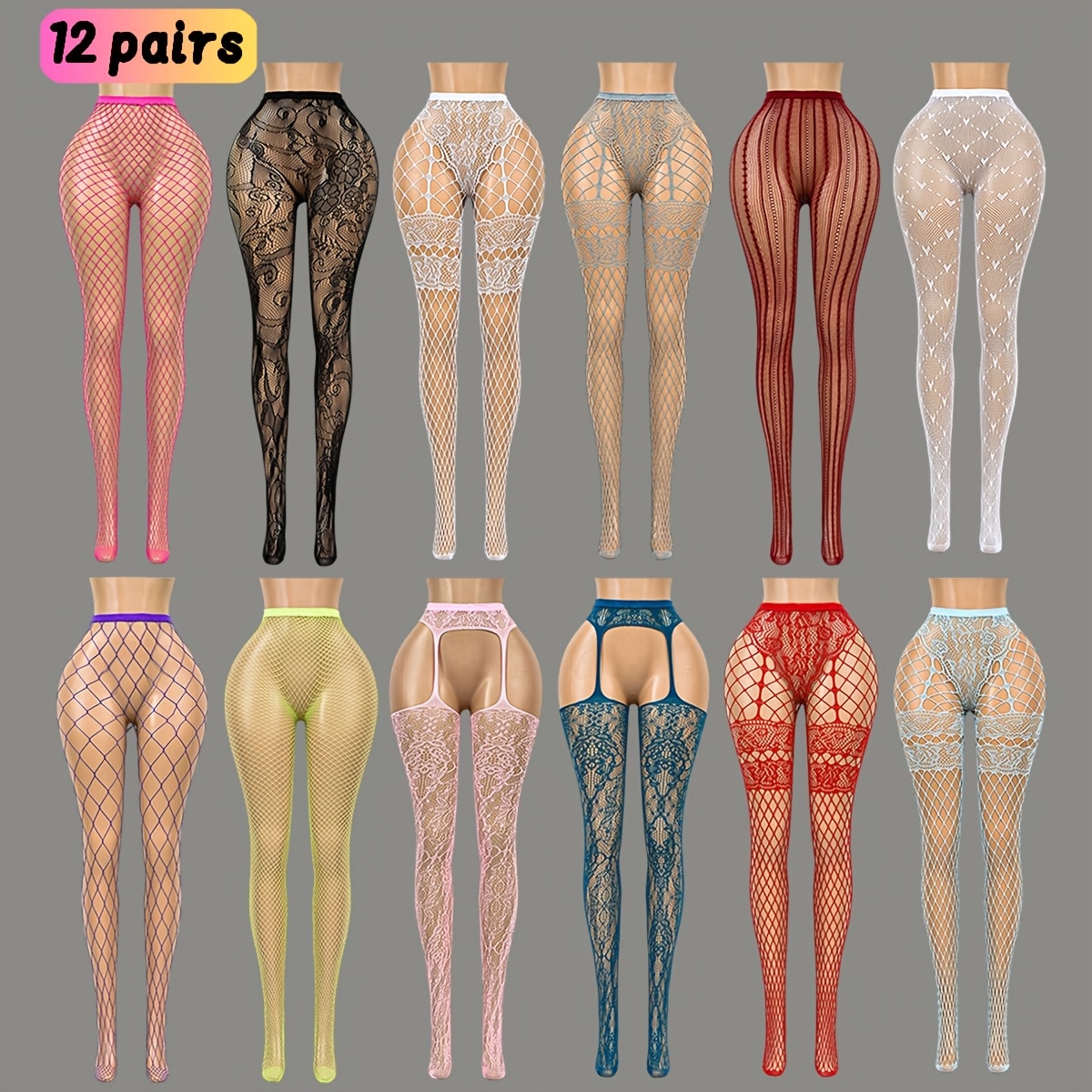 12 Pairs of Stockings Lace Jacquard Women'S Suspender Stockings Fishnet Stockin…