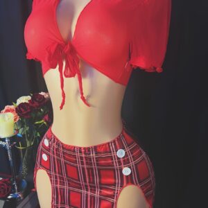 Holiday Gift Erotic Lingerie Set, Maid Style V-Neck Tie-Up Top + Plaid Skirt, Exclusive for Valentine's Day and Christmas