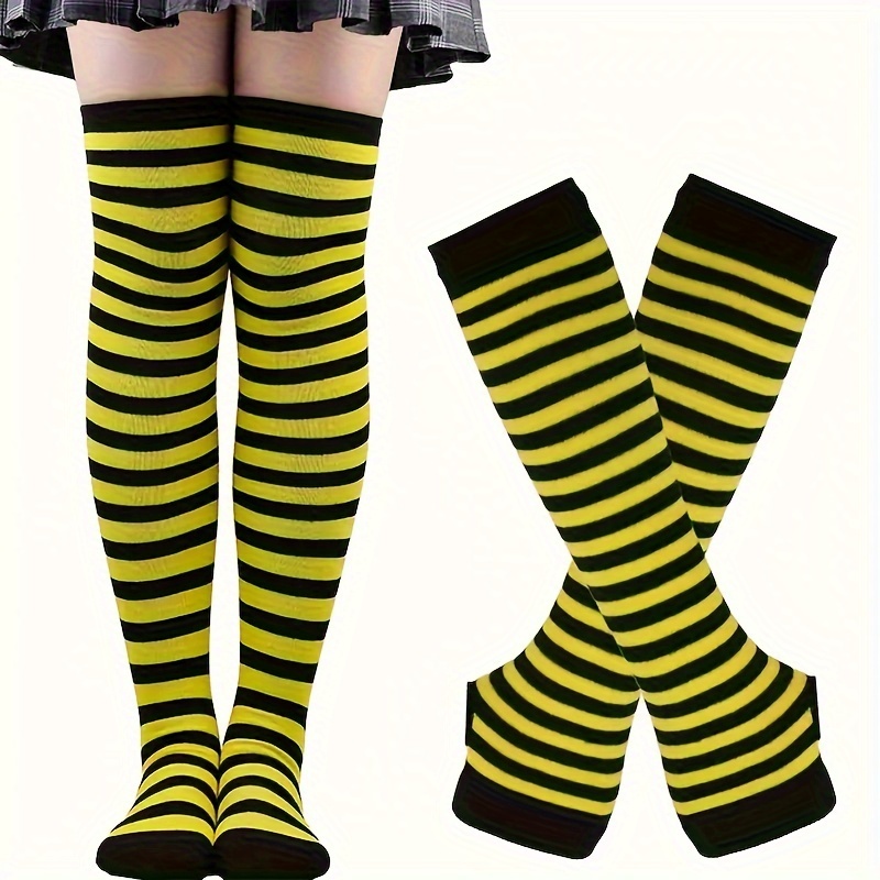 Striped Knee-High Socks with Knit Sleeves and Fingerless Gloves | Polyester and Polyamide, Ideal for Vacation and Party Outfits, Hand Wash Only, For Teenager - Image 10