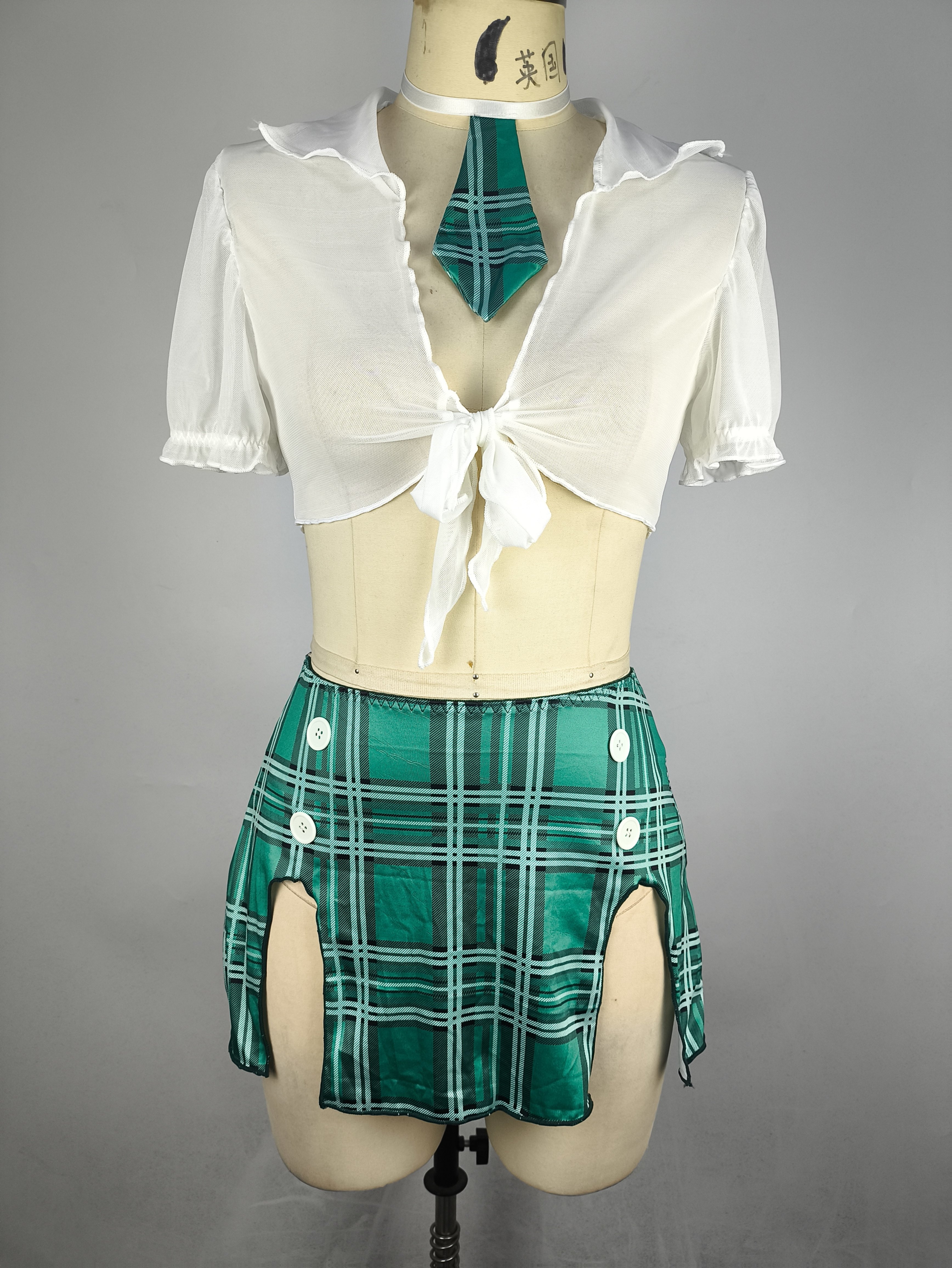 Holiday Gift Erotic Lingerie Set, Maid Style V-Neck Tie-Up Top + Plaid Skirt, Exclusive for Valentine's Day and Christmas - Image 3