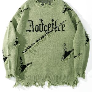 Men's Autumn Winter Long Sleeve Pullover Sweater - Relaxed Fit Drop Shoulder, Distressed Letter Embroidery & Ripped Details, Medium Elasticity Fabric