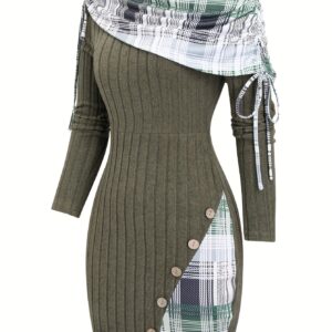 Fortune Picks: Plaid Asymmetric Off-Shoulder Waist-Cinching Ribbed Dress with Faux Button Detail