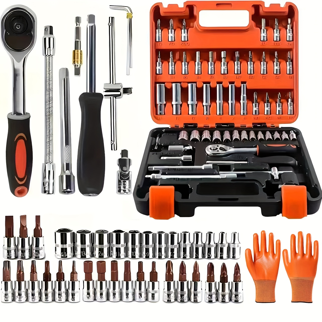 53/82/121/151PCS Heavy Duty Socket Set, (5/16 Inches to 3/4 Inches) And Metric (8 to 22mm) 1/2*1/4 Size, 6-point Design, Including Ratchet Handles, Extension Rods And Joints. Suitable for Automotive, Marine, Motorcycle Maintenance Kits - Image 14