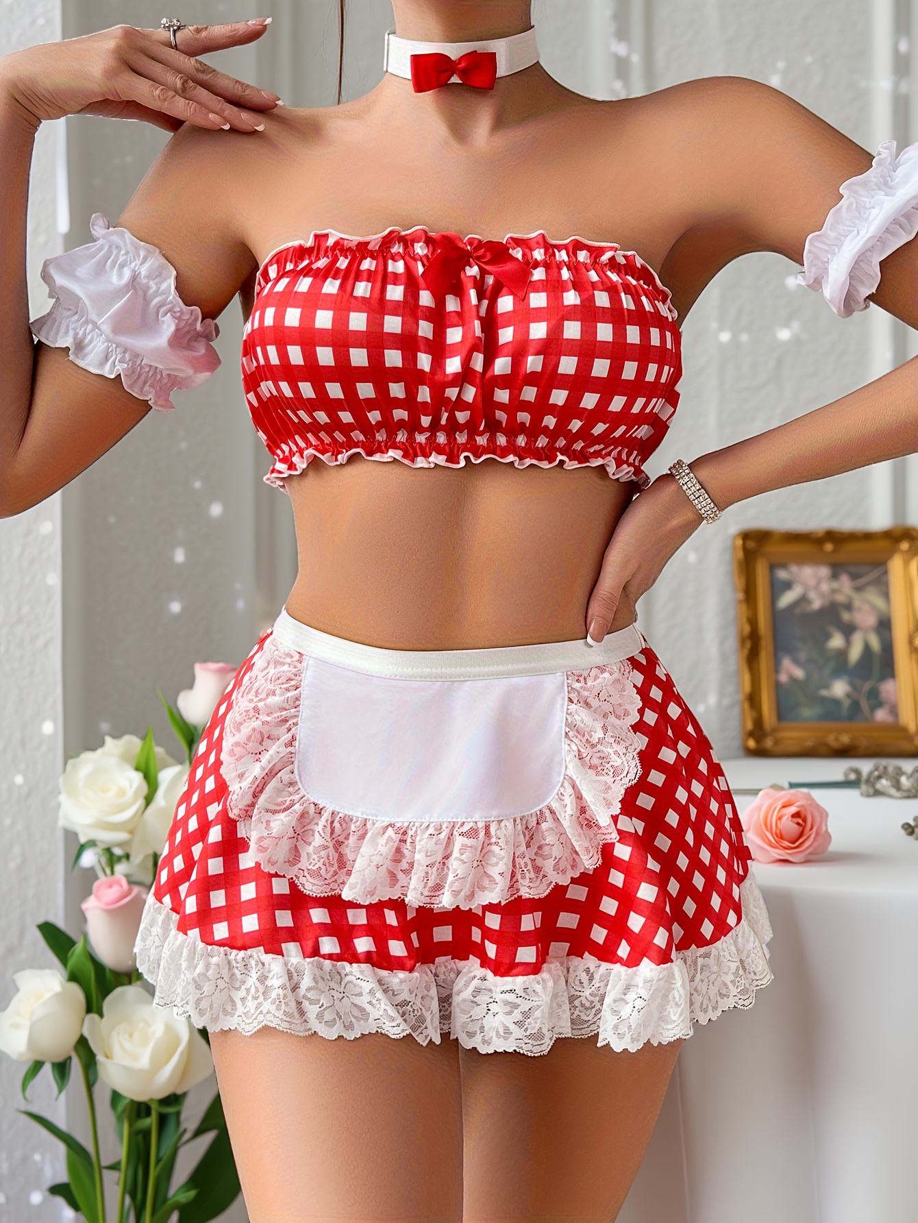 Cute Sweetheart Alluring French Maid Roleplay Costume Sexy Lingerie Set - 5pcs Bow Choker, Ruffle Sleeve Garter, Bra, Thong & Mini Apron Skirt | Gingham Print & Maid Uniform-inspired For Cosplay Fantasy Dress-Up Nights & Valentine'S Surprise Gift - Image 2