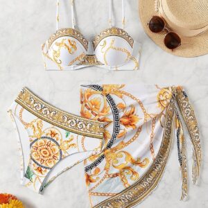 Three-Piece Bikini Swimsuit Set with a Summer Beach Vacation Chain Print Wrap Skirt.