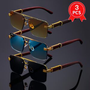3pcs retro Golden fashion glasses Women's elegant trimmed lenses classic wood grain glasses Men's photo decoration square party glasses