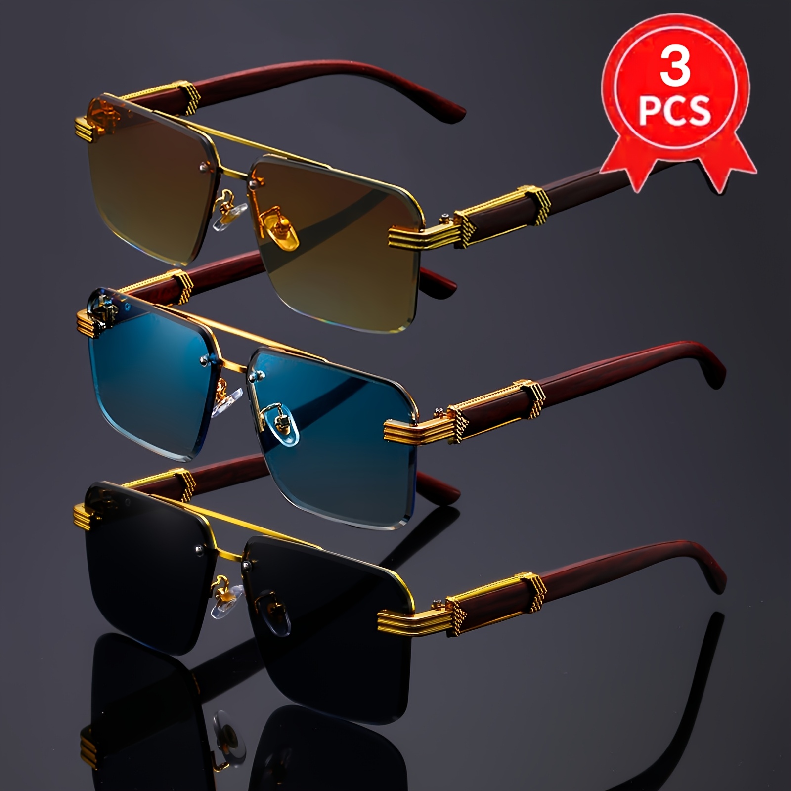 3pcs retro Golden fashion glasses Women's elegant trimmed lenses classic wood g…