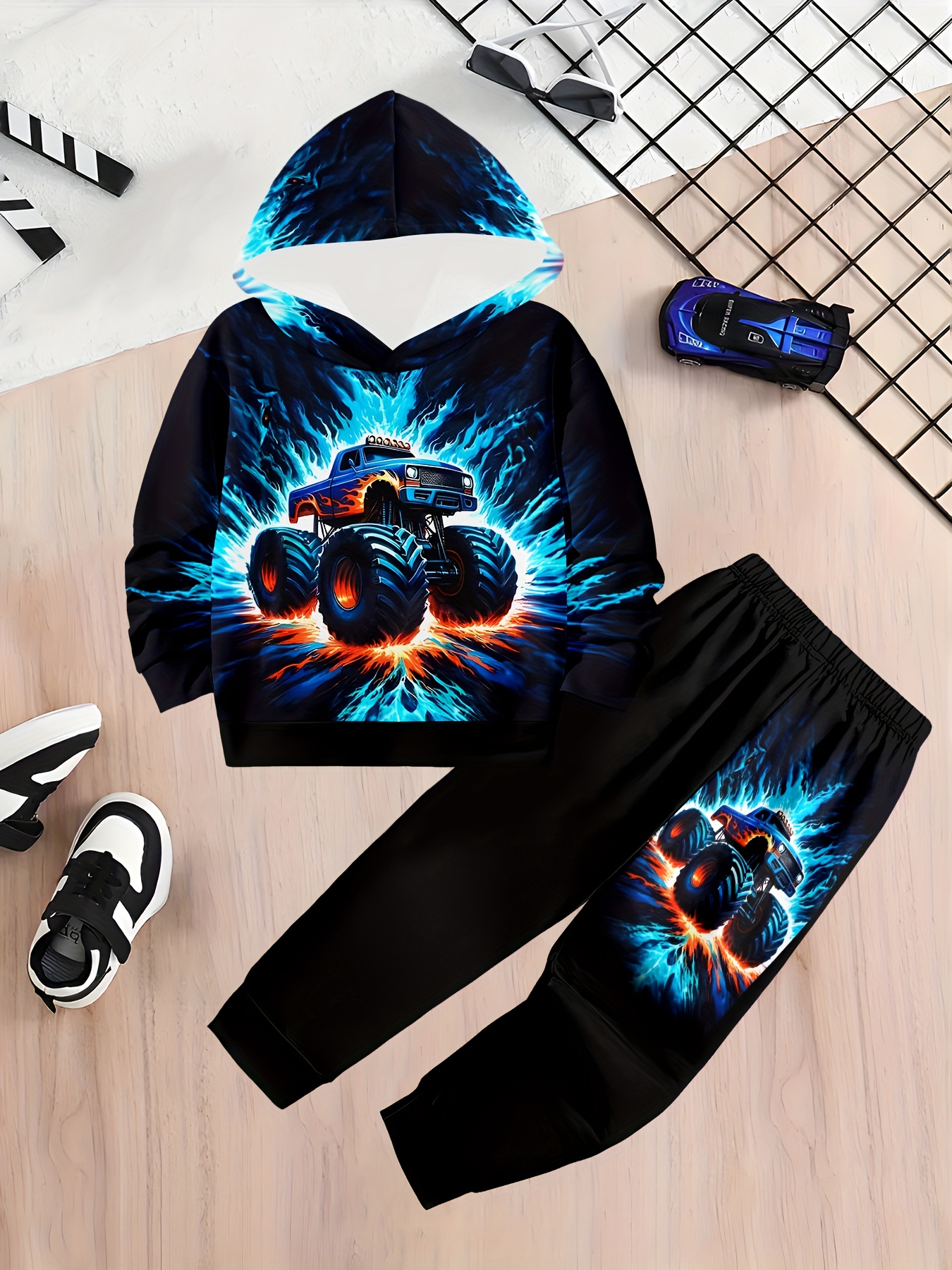 Boys' 3D Print Hoodie & Jogger Set - Vibrant Racing Car Design, Long Sleeve Pullover with Hood, Casual Spring/Fall Outfit, White Sneakers, Perfect for Outdoor Play, Boy Hoodie, Playful Graphic Hoodie, Comfortable Fit Hoodie, for Outdoor, Clothes, Sweater, Sports Suit For Boy, Boy Tracksuit Set, Suit For Boys In Autumn - Image 4