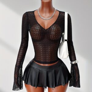 Cross-border New Women's Hollow-out Sexy Sheer Flared Sleeve Long Sleeve Top