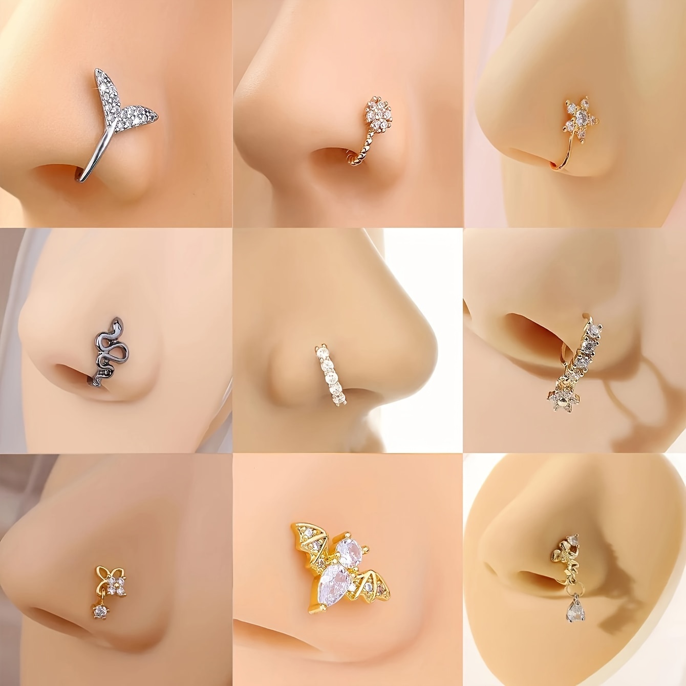 Nose Clip and Stud Set, 10pcs with Copper Synthetic Zirconia, U-Shaped Heart Crown Butterfly Five-Pointed Star Nose Rings - Image 4