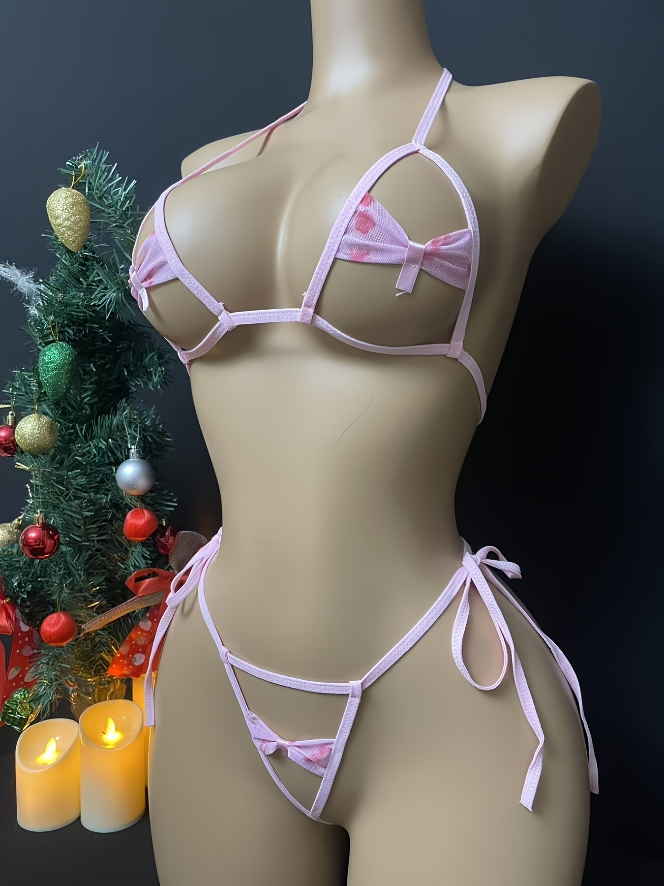 Sexy Lace-Up Bikini with Bow Tie, Adjustable Pink Set for Christmas New Year Valentine's Day in Random Print - Image 5