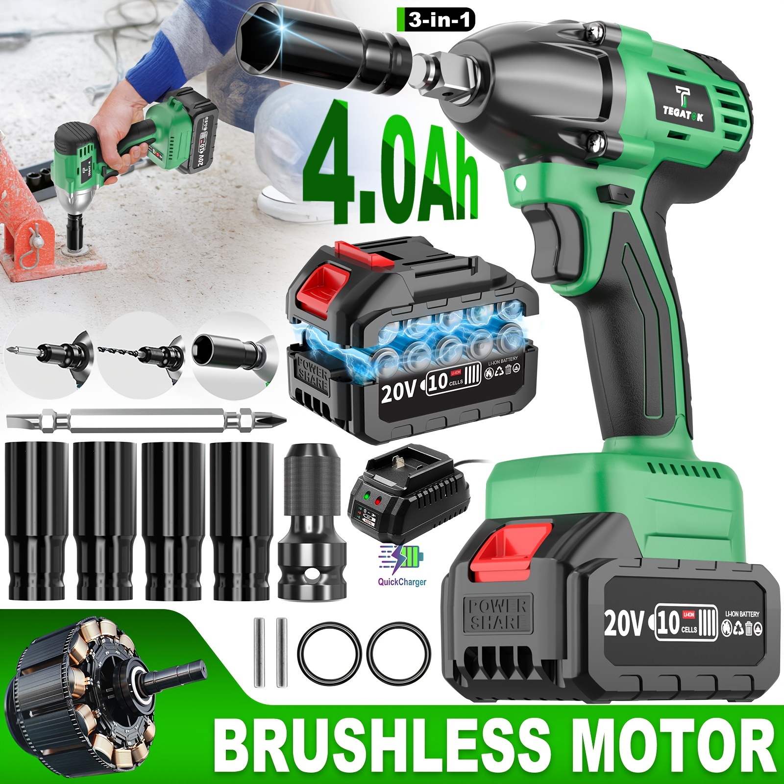 20V Brushless Cordless Electric Tool Set | Equipped with Cordless Drill, Angle Grinder, Electric Hammer, Wrench | Includes 3 Lithium-Ion Batteries | Capacity | Rechargeable | Home and Maintenance | Ideal for Men and Women | Perfect Christmas and New - Image 4