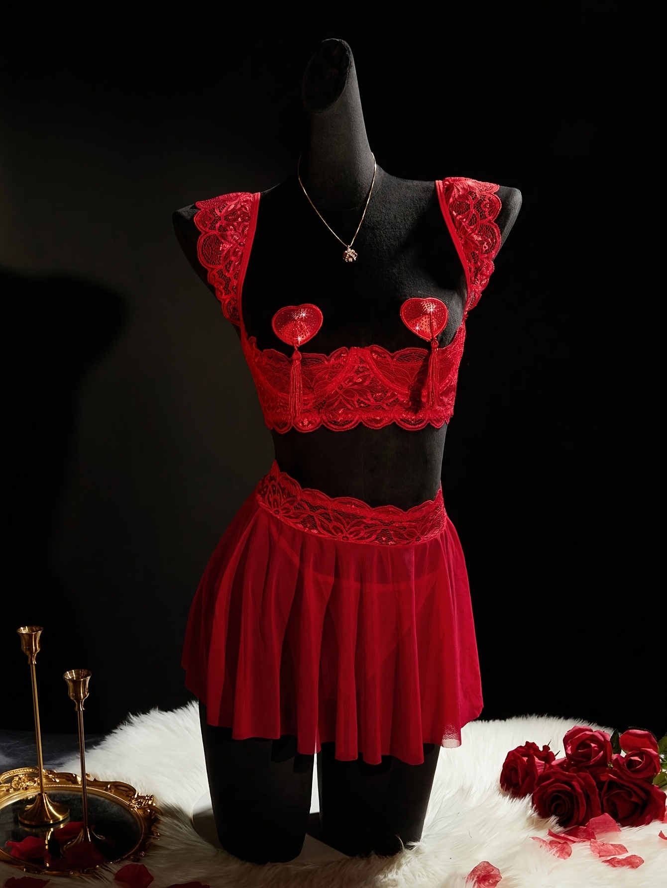 4pcs Sheer Mesh Lingerie Set with Heart Tassel Pasties | Seductive Date Night Intimate Wear, Medium Support, Drop Waist, Solid Color, Perfect for Adults, by