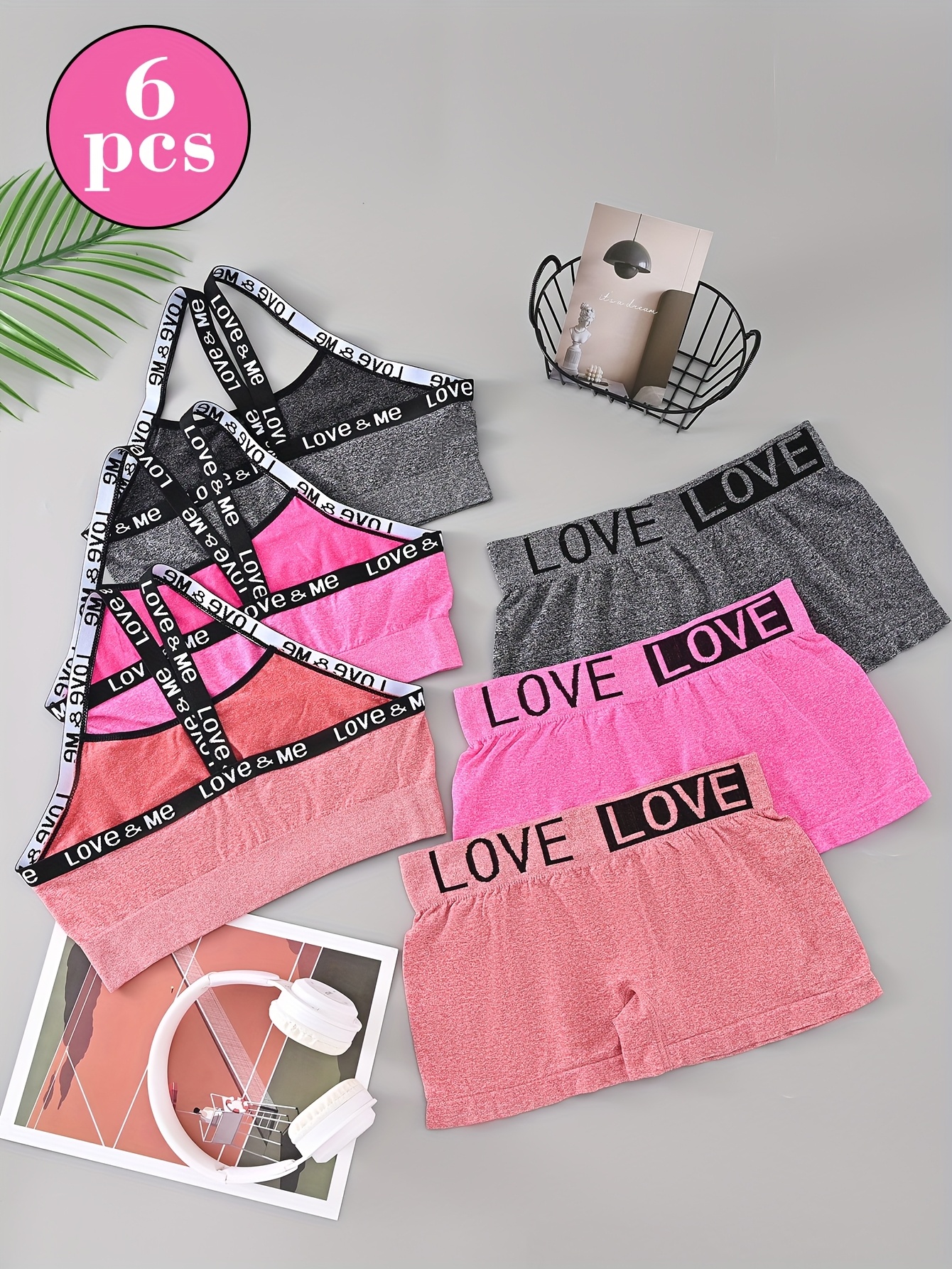 6pcs Set: 3 Tops + 3 Panties - Women's Low-Rise Seamless Love Print Briefs & Bras, Tummy Control, Breathable, Soft, Comfortable, Lifting, Anti-Slip, Solid Color, Sexy, Lightweight, Stretchy Fabric - Ideal for Yoga, Running, and Gym - Image 2
