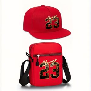 2pcs Chicago 23 Golden Print Baseball Cap & Crossbody Bag Set - Adjustable Snapback Hat with Black Mesh Back, Streetwear Style for Outdoor Sports, Casual Wear - Perfect Gift for Men, Chicago 23 Logo, Mesh Back Hat, Urban Fashion Accessory, Durable Zipper Bag