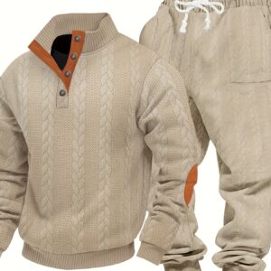 American Men's Loose Heavyweight Textured Trendy Stand Collar Henley Sweatshirt