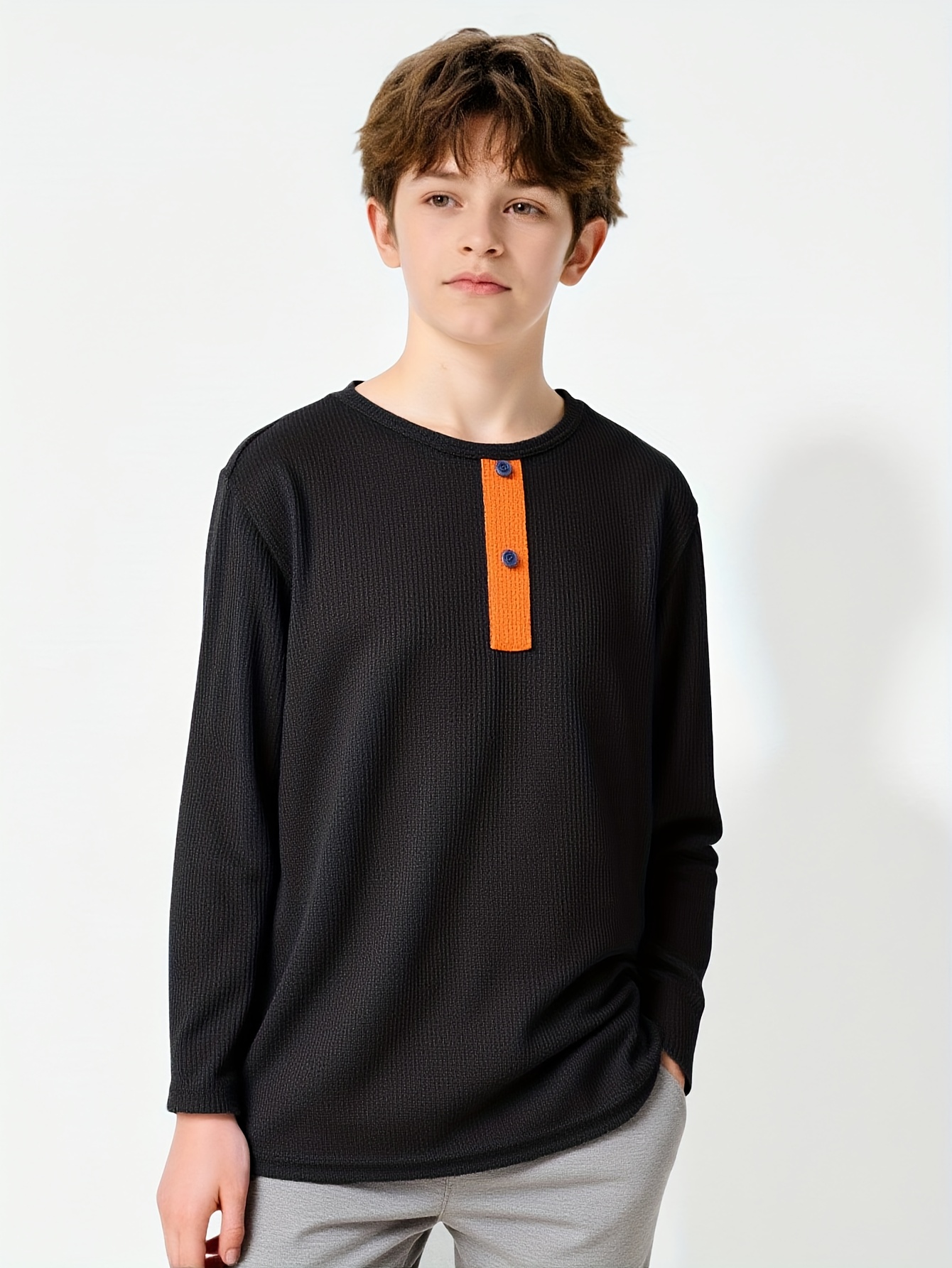 3pcs boys' solid color knitted plaid soft and comfortable long sleeved round neck top, boys' fashionable contrasting color placket button decoration long sleeved pullover - casual round neck, soft polyester blend, suitable for spring and autumn - Image 9