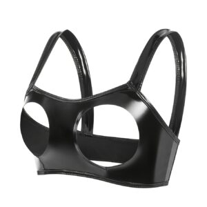 Women Sexy Glossy Faux Leather Bra Hollow Out Erotic Breast Exposing Ladies Open Cup Latex Bra Shiny Tops Sexy