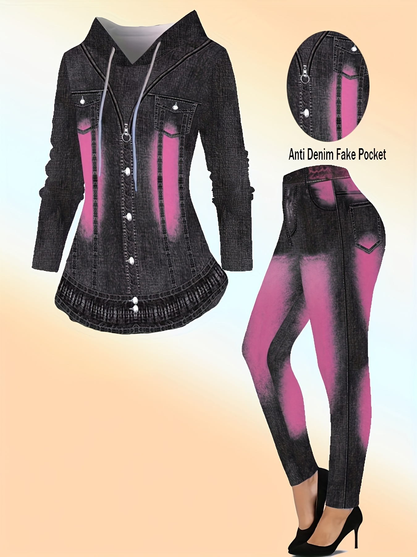 Plus Size, [Printed Pants - Not Denim Fabric] Large Size Set Elegant Black Imitation Denim with Red Gradient Full Body Printed Hooded Set