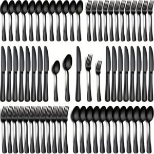 60pcs Black Stainless Steel Cutlery Set | Steak Knife, Salad Fork, Dessert Spoon, Includes Gift Box, Suitable for 12 People, Dishwasher Safe, Rust Resistant, Microwave and Safe, Ideal for Home, Outdoor, Wedding, Camping, Christmas Party