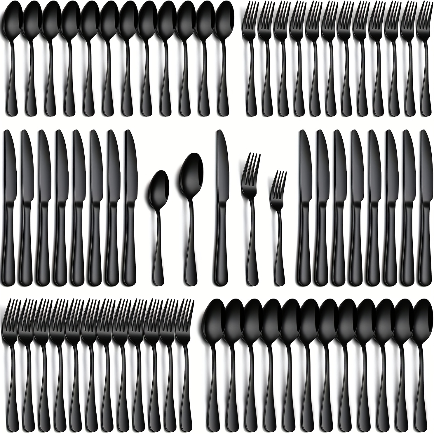 60pcs Black Stainless Steel Cutlery Set | Steak Knife, Salad Fork, Dessert Spoon, Includes Gift Box, Suitable for 12 People, Dishwasher Safe, Rust Resistant, Microwave and Safe, Ideal for Home, Outdoor, Wedding, Camping, Christmas Party
