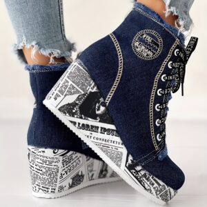 Chicme Women's Dazzle Chunky Heel Ankle Boots, Fabric Round Toe Lace-Up Booties with Heart Laces, Fabric Upper & MD Sole, Versatile Fashion Footwear for Casual to Dressy Outfits, Durable Footwear Construction