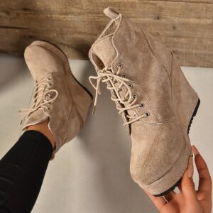Women's Solid Color Fuzzy Boots, Lace Up Platform Thermal Lined Plush Boots, Winter Plush Round Toe Wedge Shoes