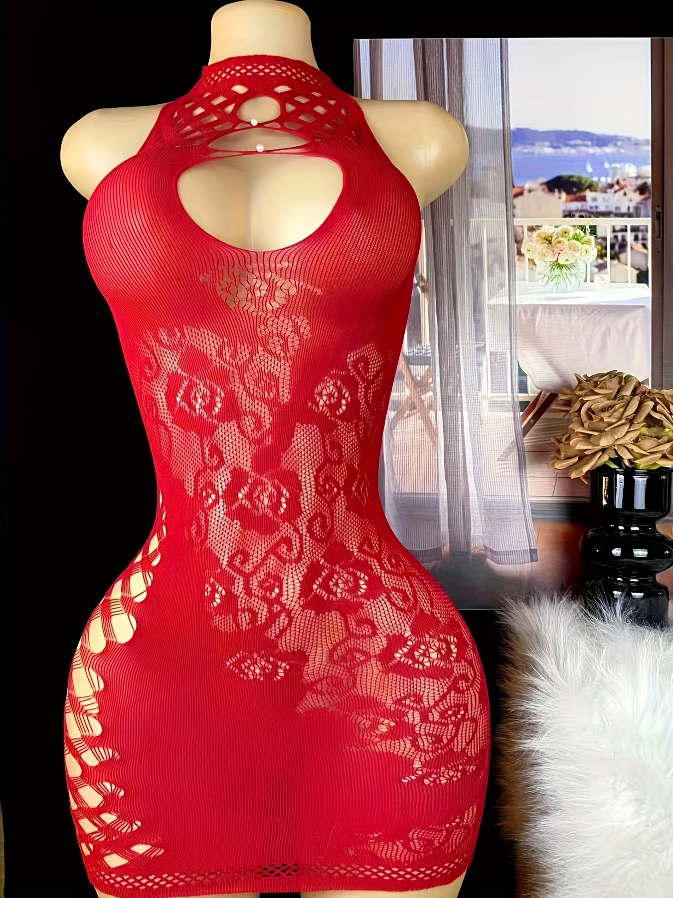 Women's Sheer Fishnet Halter Babydoll Dress - Lingerie Chemise Mini Teddy Suita…