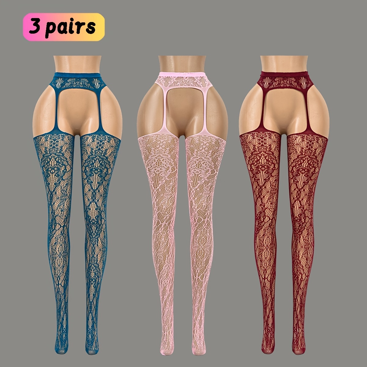 3-Pack Lace Jacquard Women's Garter Stockings, Fishnet Socks, Pantyhose, Black…