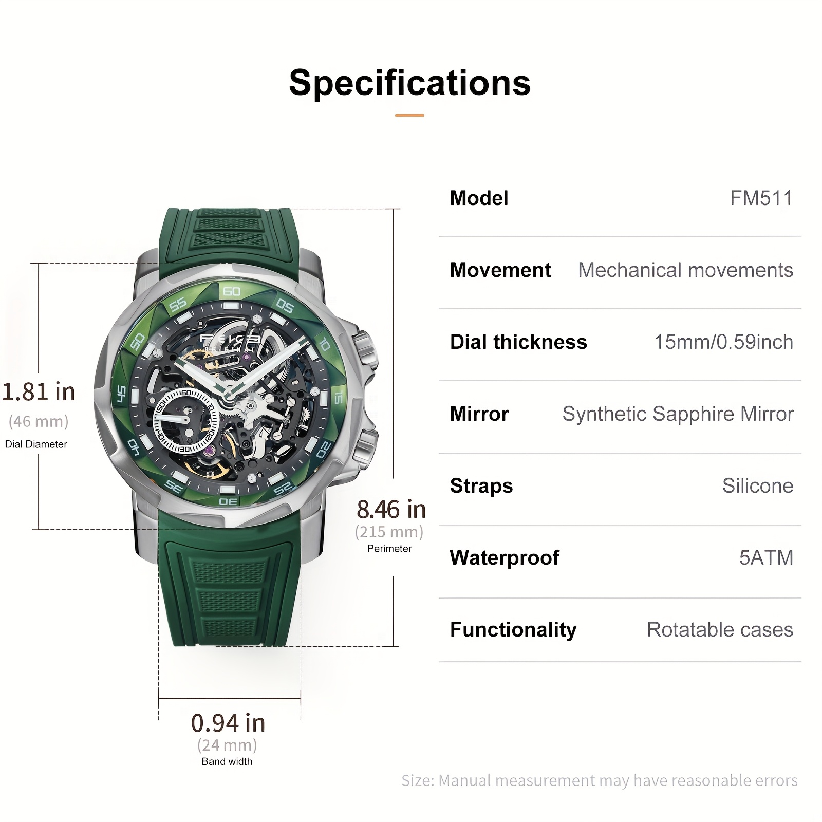 FEICE New Men's Watch Storm Eye Double Skeleton Men's Wristwatch Automatic Mechanical Watch Sapphire Mirror Silicone Strap Luminous Waterproof Watch for Men Gift FM511, Men's Fashion Accessory, Professional Timepiece, Skeleton Dial Design, Sleek Men's Timepiece, Durable Wristwatch, Highquality Craftsmanship, Automatic Movement Watch, Stylish Professionals, Watch Collectors - Image 6