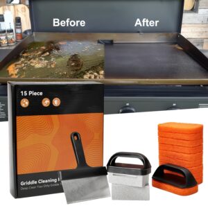 Griddle Cleaning Kit for Blackstone, 15pcs Flat Top Grill Additions Cleaner Tool Set - Scraper, Cleaning Brick, Scouring Pads, And Cleaning Handles, Easy Cleaning on Hot Or Cold Surfaces