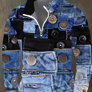 [Vintage Style Sweatshirt] Vintage Color Block Print Men's Stand Collar Zip Sweatshirt | Autumn Winter Fashion, Trendy Streetwear Jacket