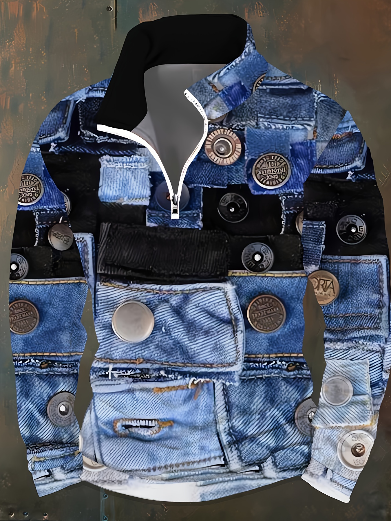 [Vintage Style Sweatshirt] Vintage Color Block Print Men's Stand Collar Zip Swe…