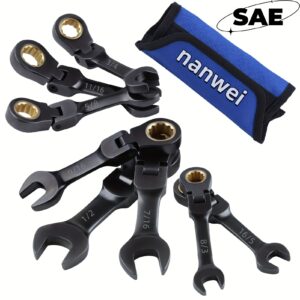 [Great Gift] 8pcs/Set Scratching Head Short Ratchet Combination Wrench Set, SAE 5/16-3/4 Inch, 72 Teeth, CRV, Nickel Plated With Rolling Bag, Daily Use, Great Gift