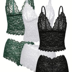 6pcs Women's Sexy Transparent Floral Lace Pajama Lingerie Set High Waisted Pajamas Breathable Sexy Erotic Bra And Panties Six Piece Pajama Set, All The Romantic Style!,