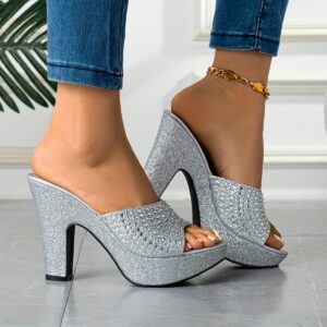 Stylish Women's High Quality Platform Wedge Sandals Slip-On Comfortable Versatile Metallic Color with Rhinestone Embellishments, Perfect for Parties and Various Occasions
