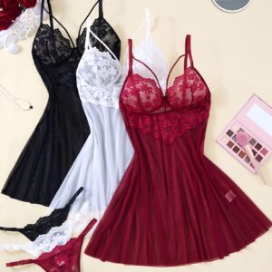 Random 1 Set Sexy Nightgown, Sweet Style Contrast Lace Pajama, Bold Apparel to Showcase Feminine Charm, Fashionable Sheer Camisole Dress, Backless Deep V Comfortable Spaghetti Strap Nightgown