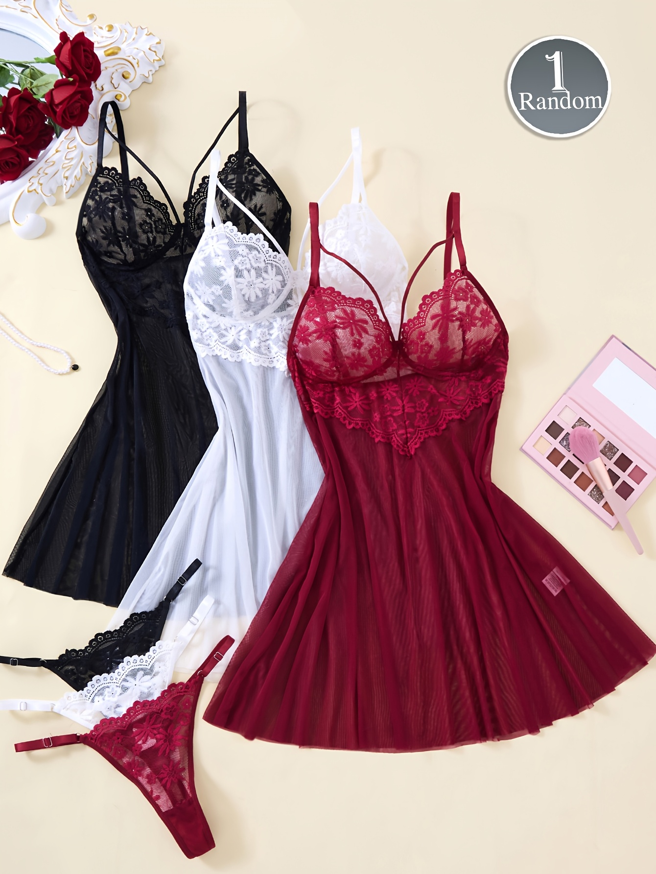 Random 1 Set Sexy Nightgown, Sweet Style Contrast Lace Pajama, Bold Apparel to Showcase Feminine Charm, Fashionable Sheer Camisole Dress, Backless Deep V Comfortable Spaghetti Strap Nightgown