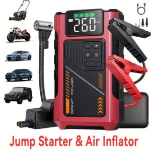 4000A Portable Wireless Car Air Compressor Jump Starter with Air Compressor, Battery Jump Starter Portable Peak, Car Battery Charger Portable For12V(8.0LGas/1.72gal Diesel) Start The Car Quickly, USB Input/output, LED Emergency, Car Accessories Tools