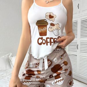 Women'S Coffee-Themed Camisole Pajama Set with Bow Belt, Cute Cartoon Print, Loose Fit and Elastic Waistband, Perfect for Sleepwear, Machine Washable & Dry Cleanable