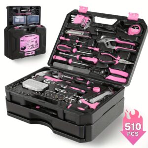 [Pink Tool Kit Set] 510pcs Pink Tool Kit Set with Drawer Toolbox Storage Case | Home Repair Tool Kit Combo for Men & Women, Mechanics Tool Set Organizer