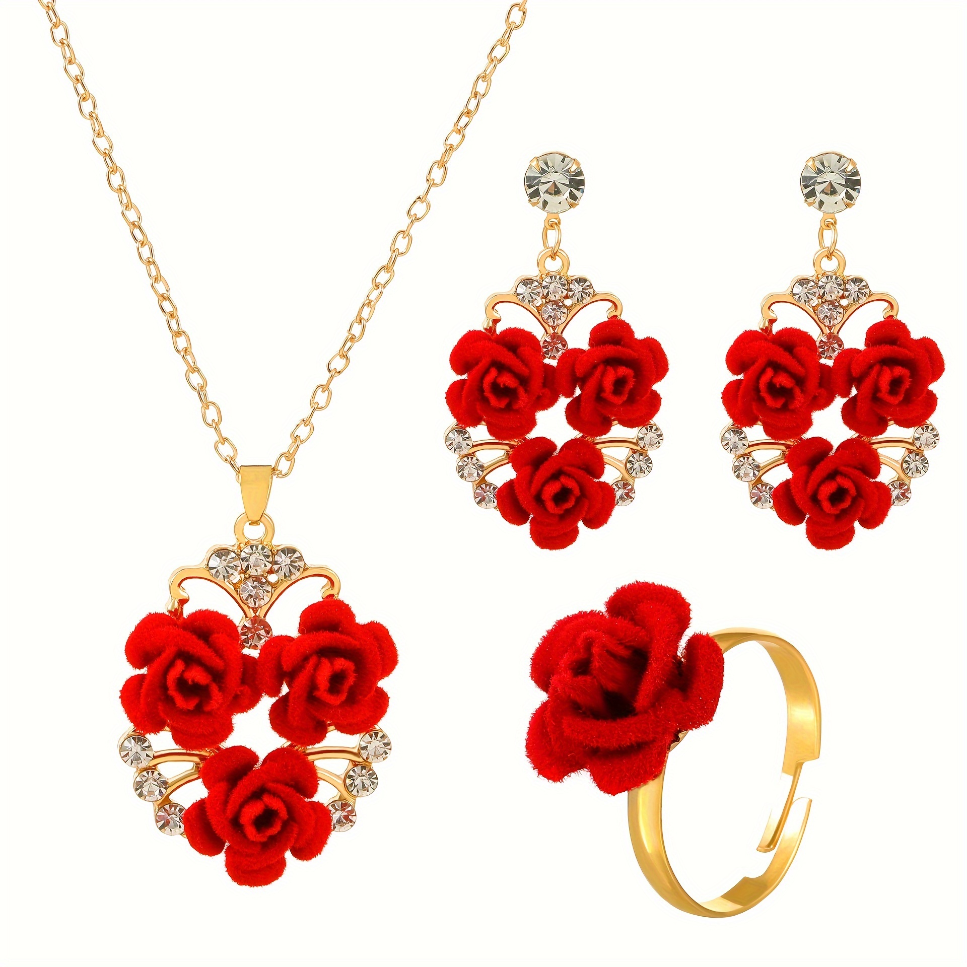 4pcs Retro Fashion Red Rose Necklace Earrings Ring Rose Necklace Valentine'S Da…
